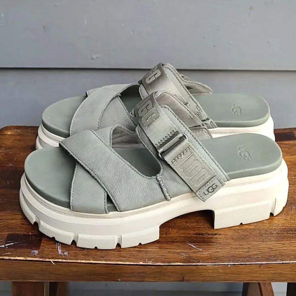 UGG Ashton Slide Gray Green Leather Logo Platform Sandals size 10